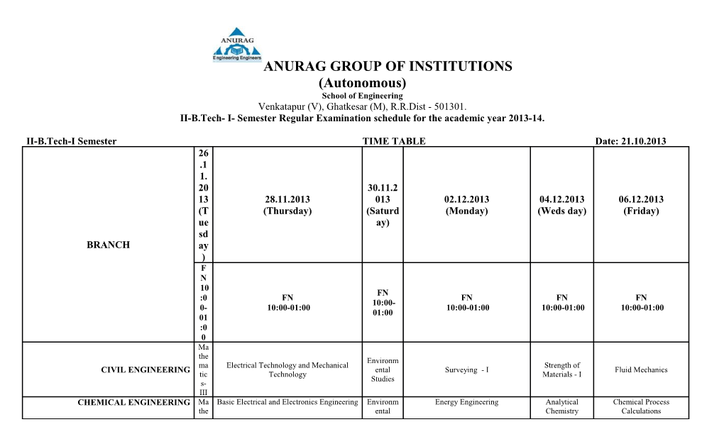 II-B.Tech- I- Semester Regular Examination Schedule for the Academic Year 2013-14