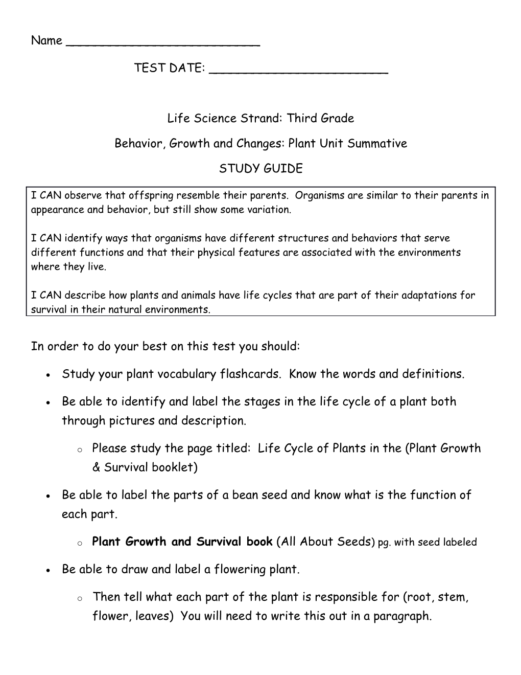 Behavior, Growth and Changes: Plant Unit Summative