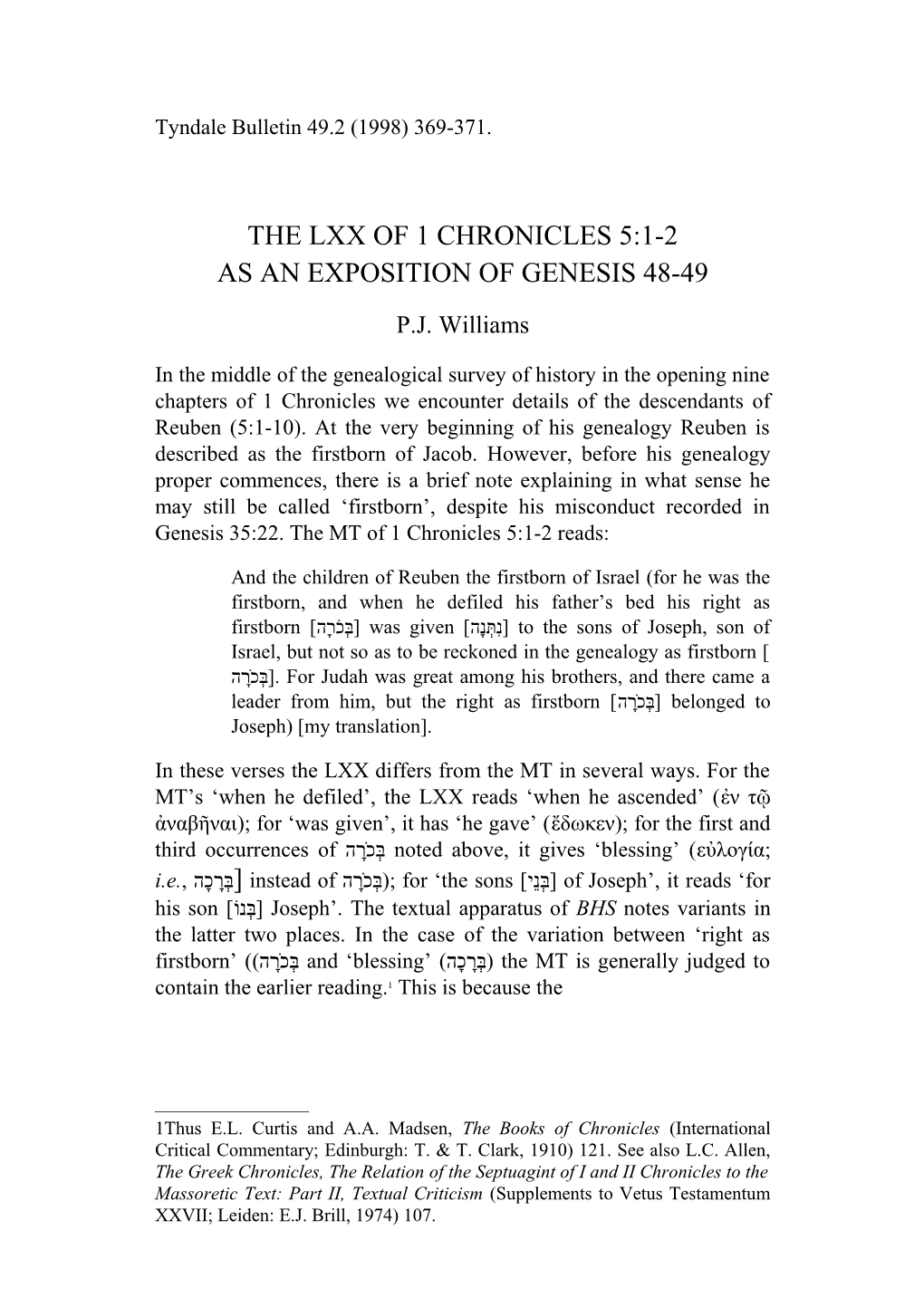 The Lxx of 1 Chronicles 5:1-2