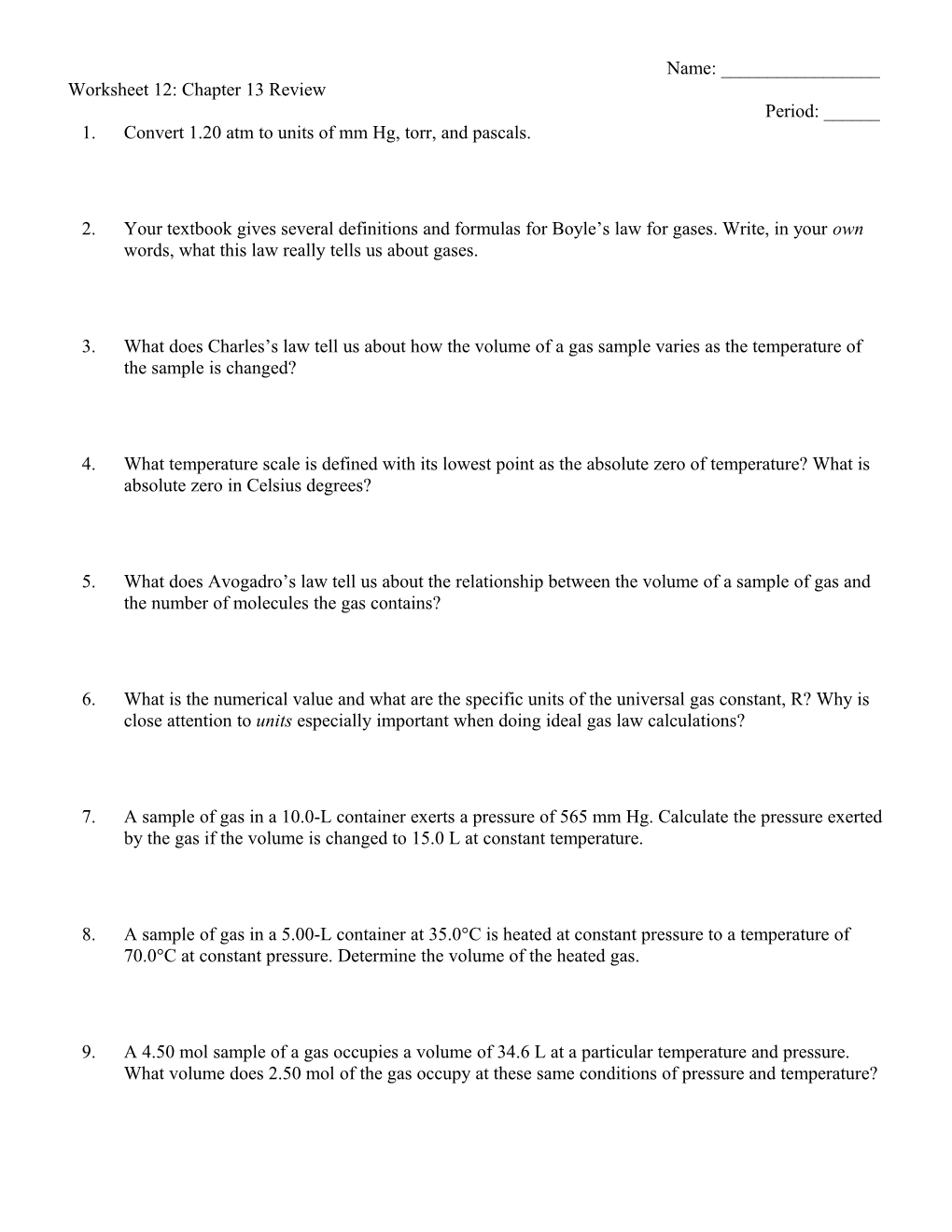 Worksheet 12: Chapter 13 Review