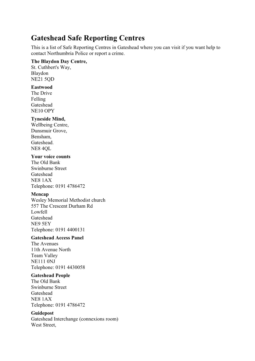 Gateshead Safe Reporting Centres