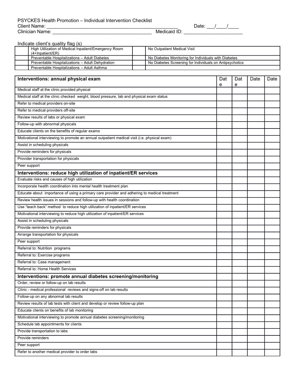 PSYCKES Health Promotion Individual Intervention Checklist