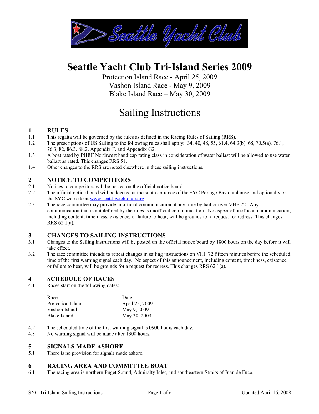 SYC Regatta Sailing Instructions