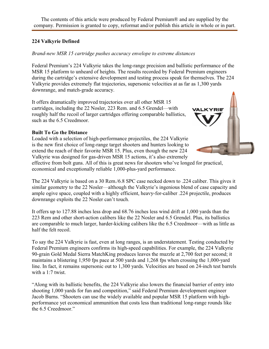 The Contents of This Article Were Produced by Federal Premium and Are Supplied by the Company