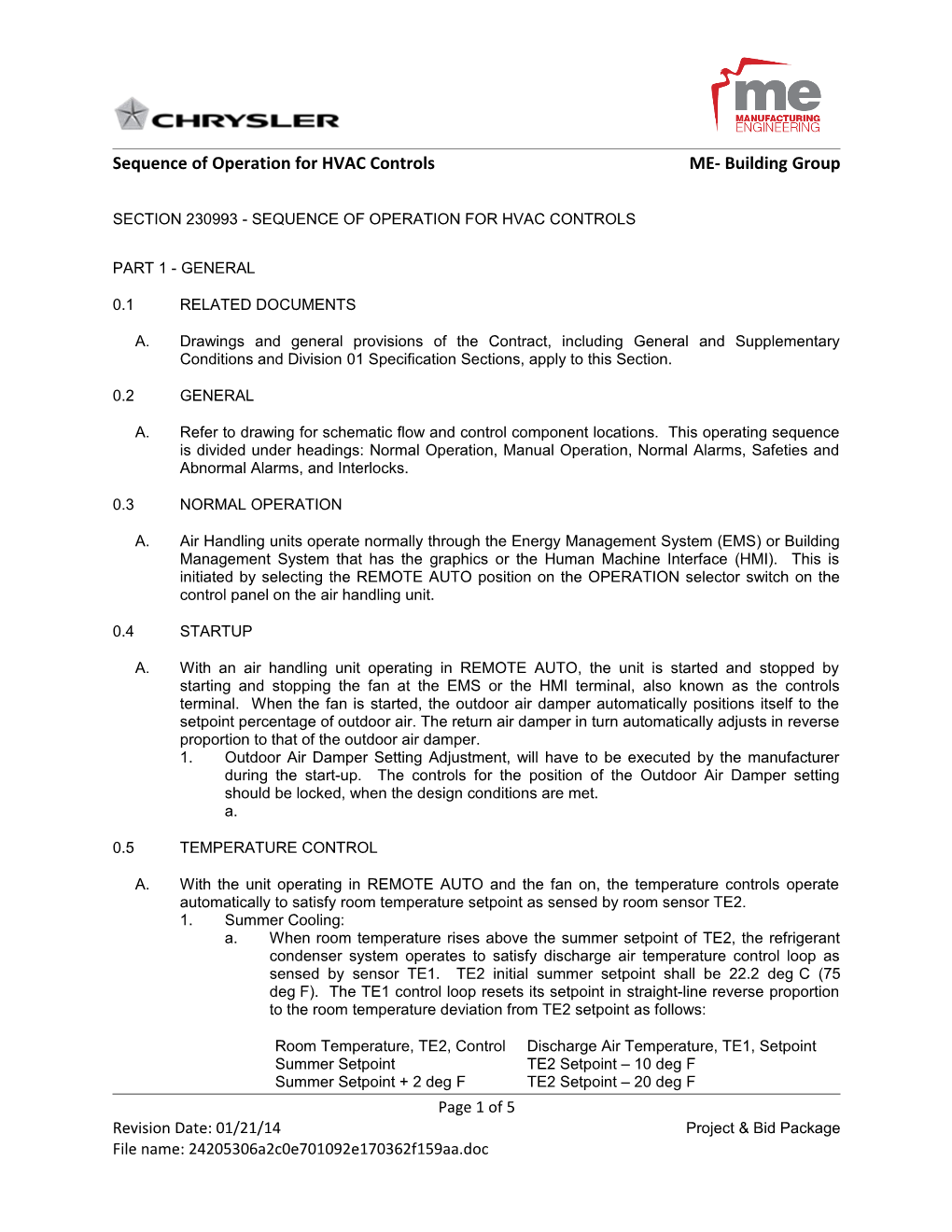 Sequence of Operation for HVAC Controls ME- Building Group