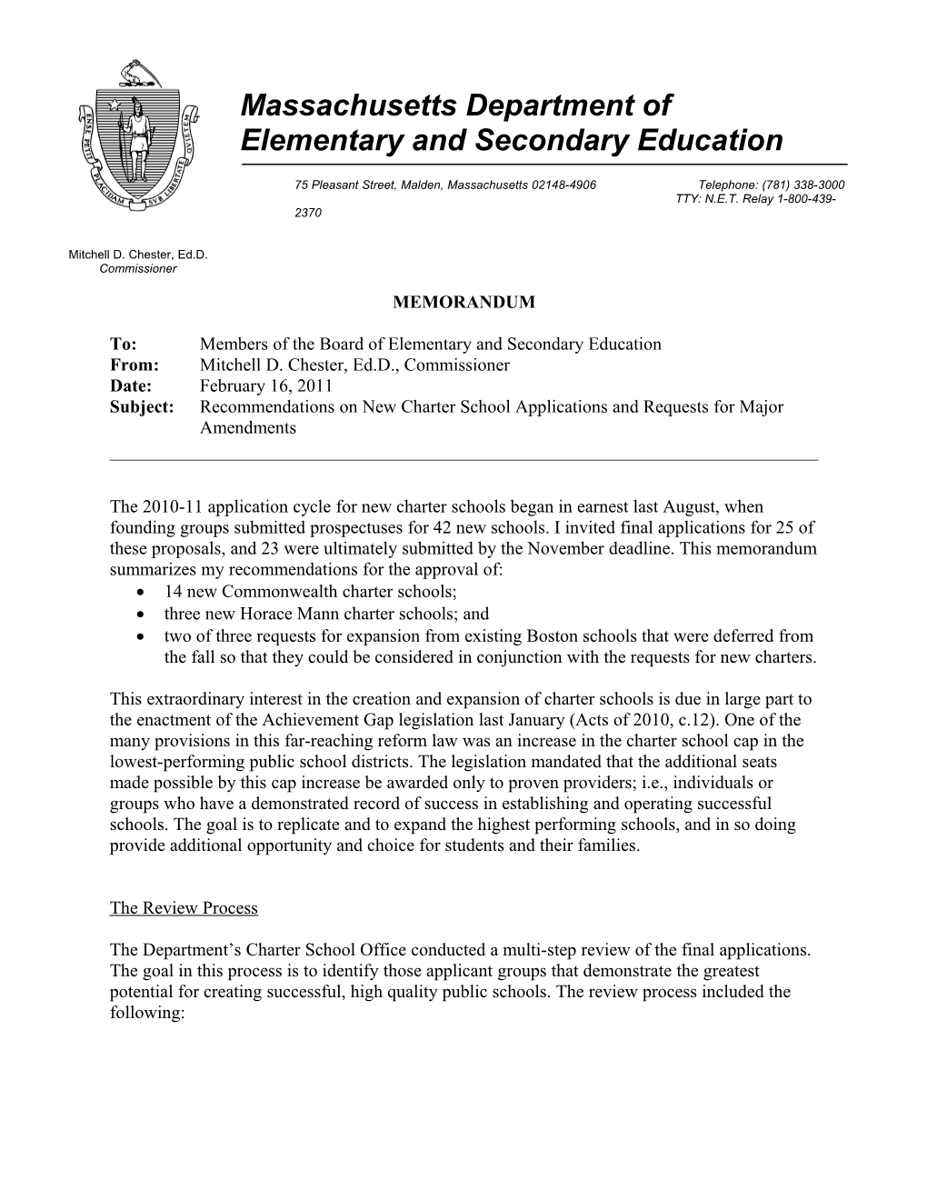Board Memorandum, Recommendations on New Charter School Applications and Requests for Major