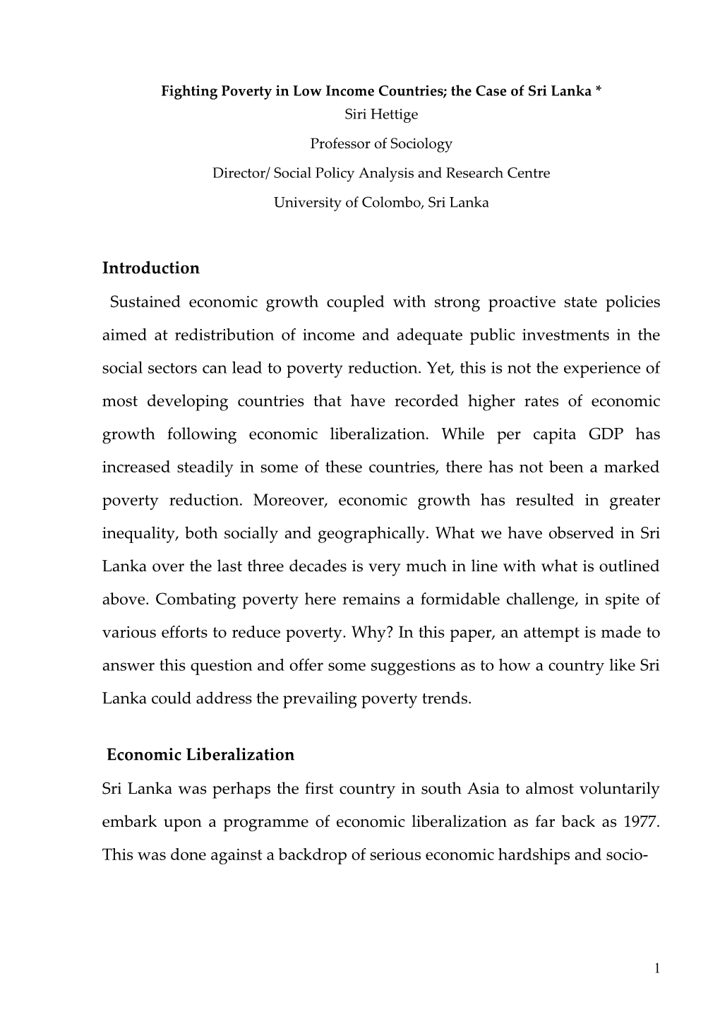 Combating Poverty in Low Income Countries; the Case of Sri Lanka