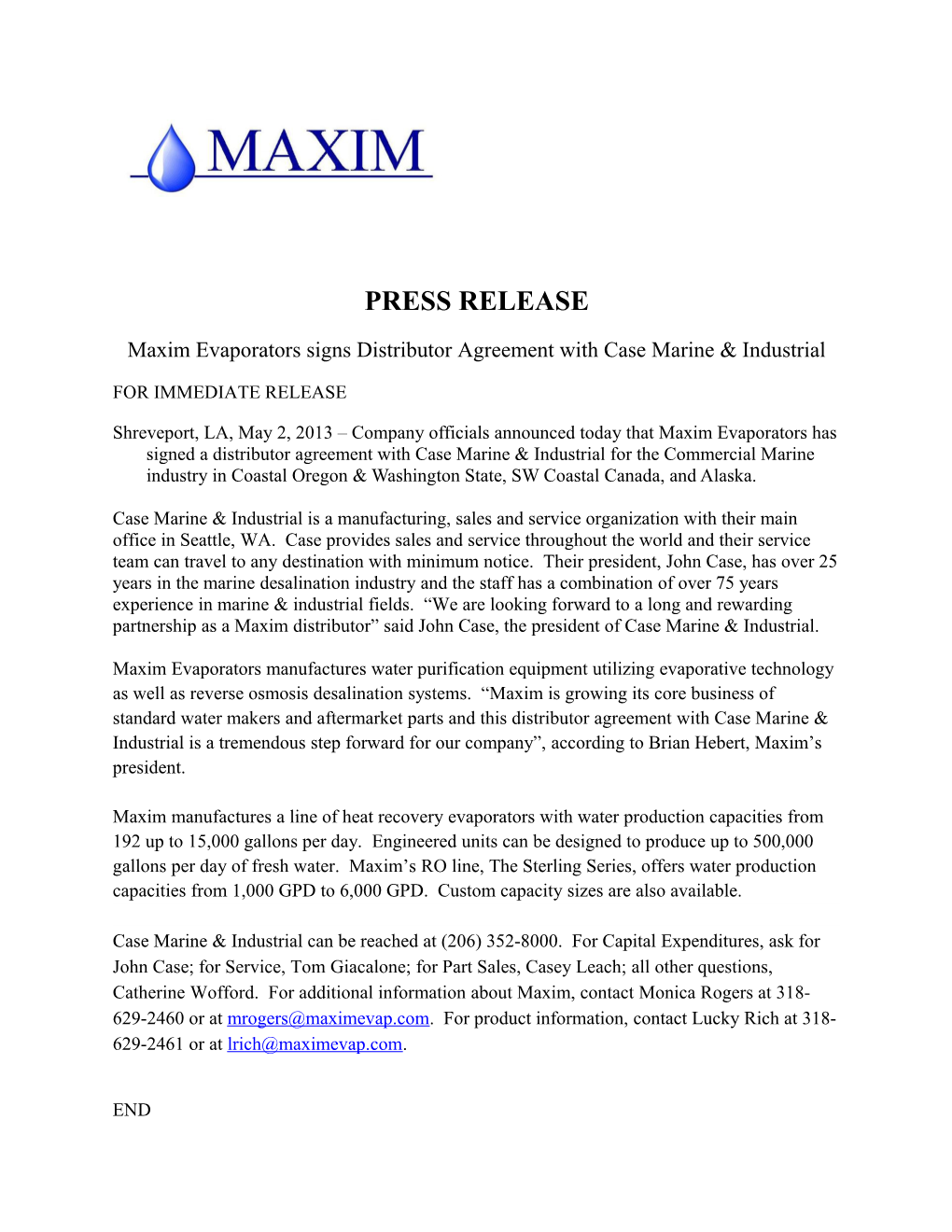 Maxim Evaporators Signs Distributor Agreement with Case Marine & Industrial