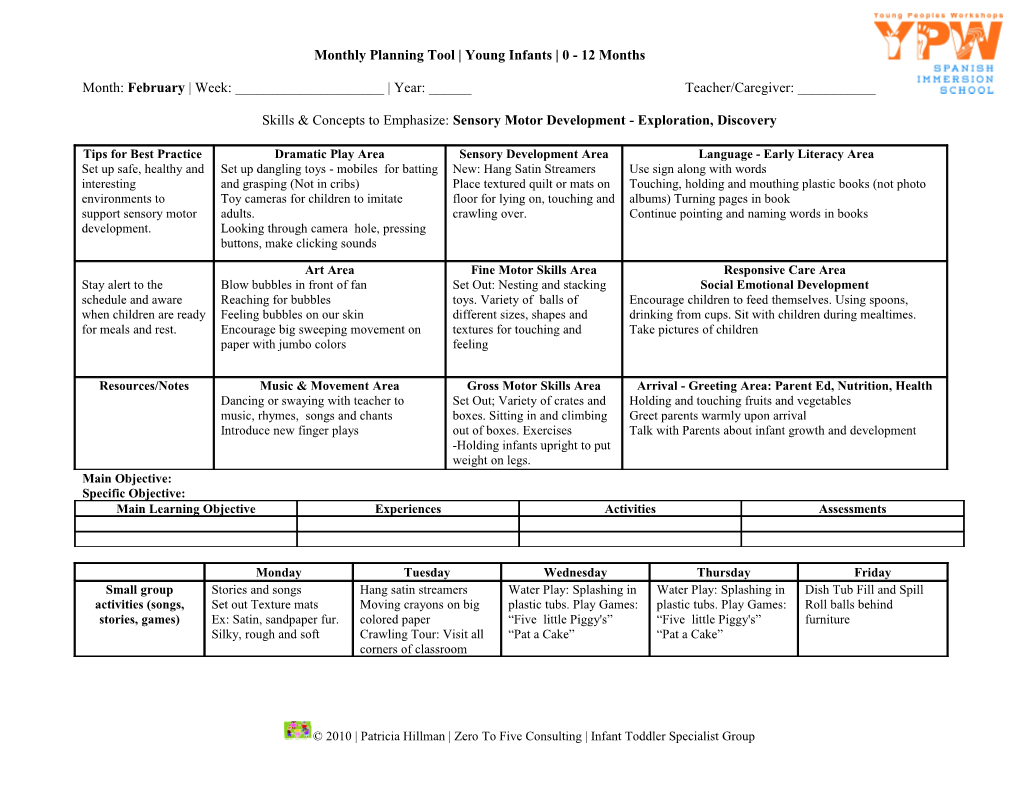 Monthly Planning Tool Young Infants 0 - 12 Months