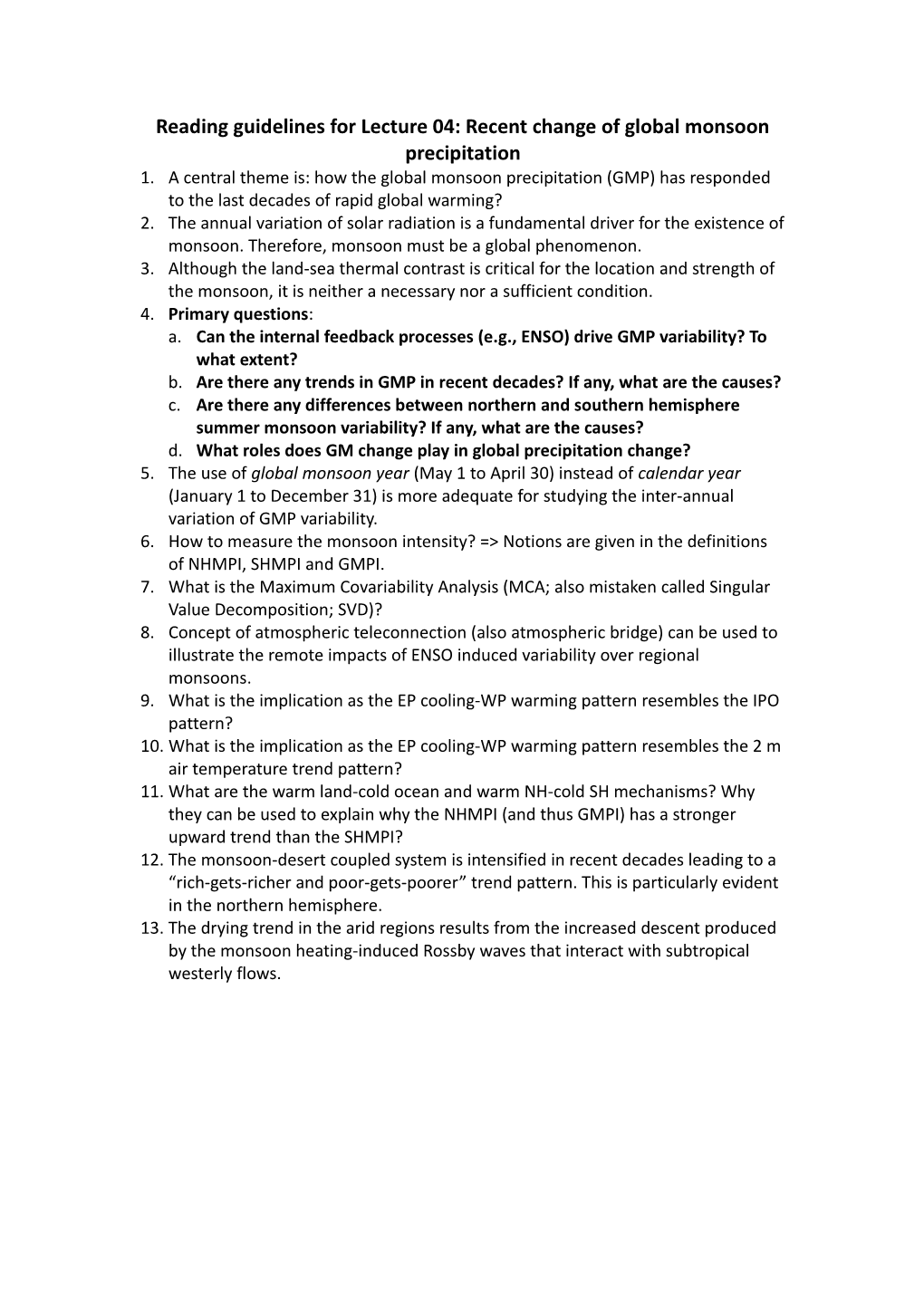 Reading Guidelines for Lecture 04: Recent Change of Global Monsoon Precipitation