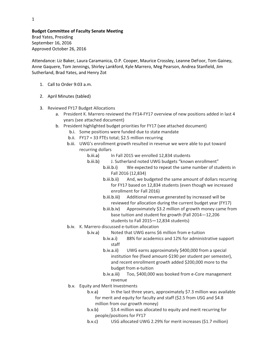 Budget Committee of Faculty Senate Meeting