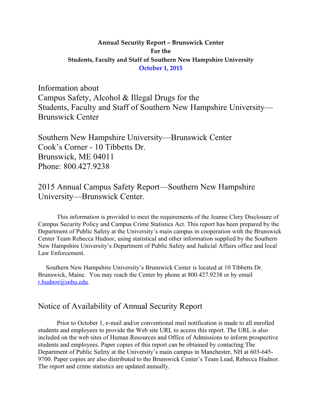 Annual Security Report Brunswick Center