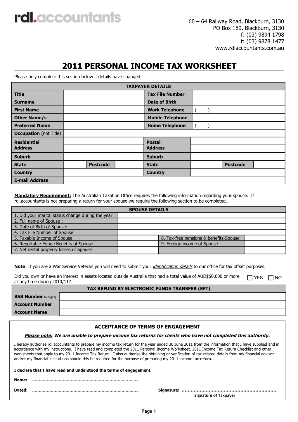 Personal Income Tax Worksheet 2003