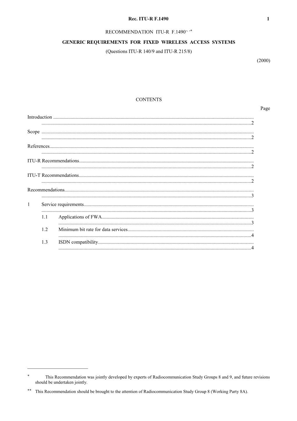 F.1490 - Generic Requirements for Fixed Wireless Access Systems