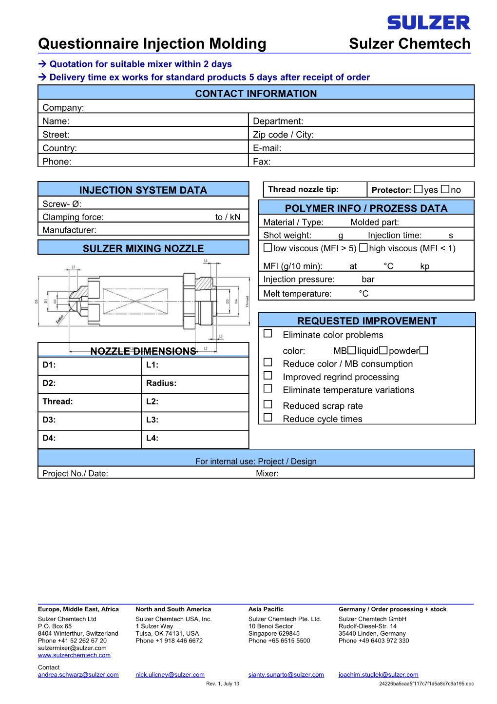 Questionnaire Injection Moldingsulzer Chemtech