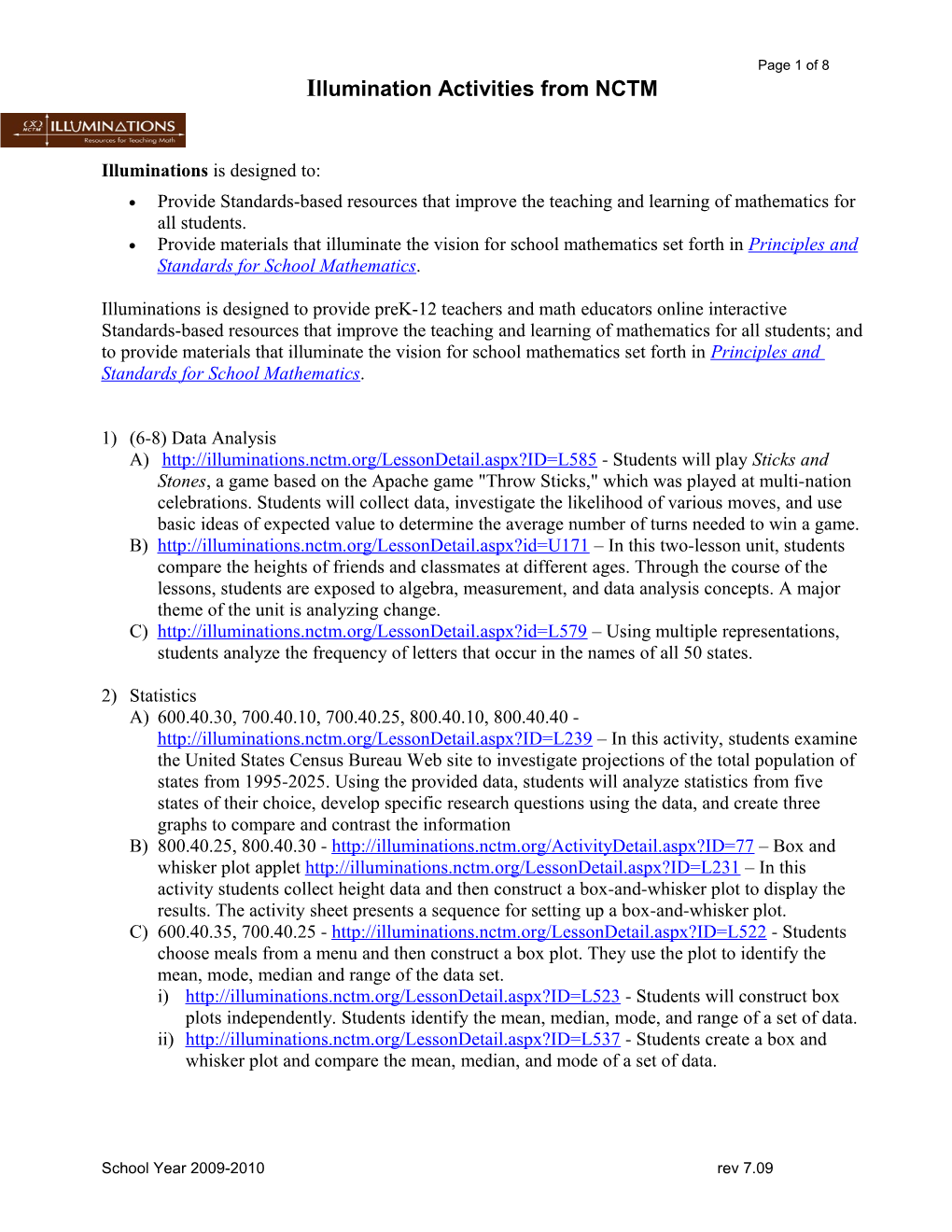 Illumination Activities from NCTM