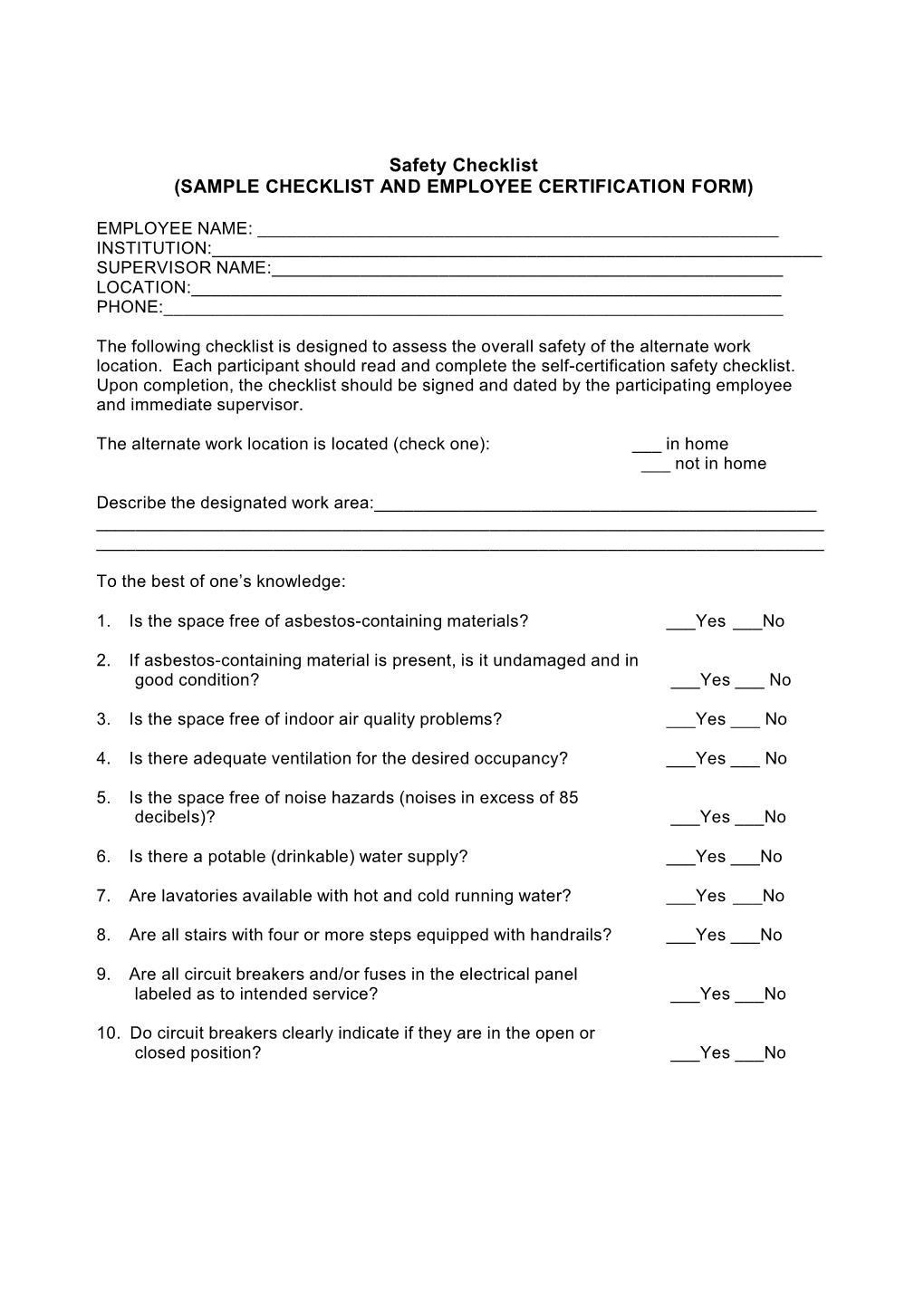 Sample Checklist and Employee Certification Form