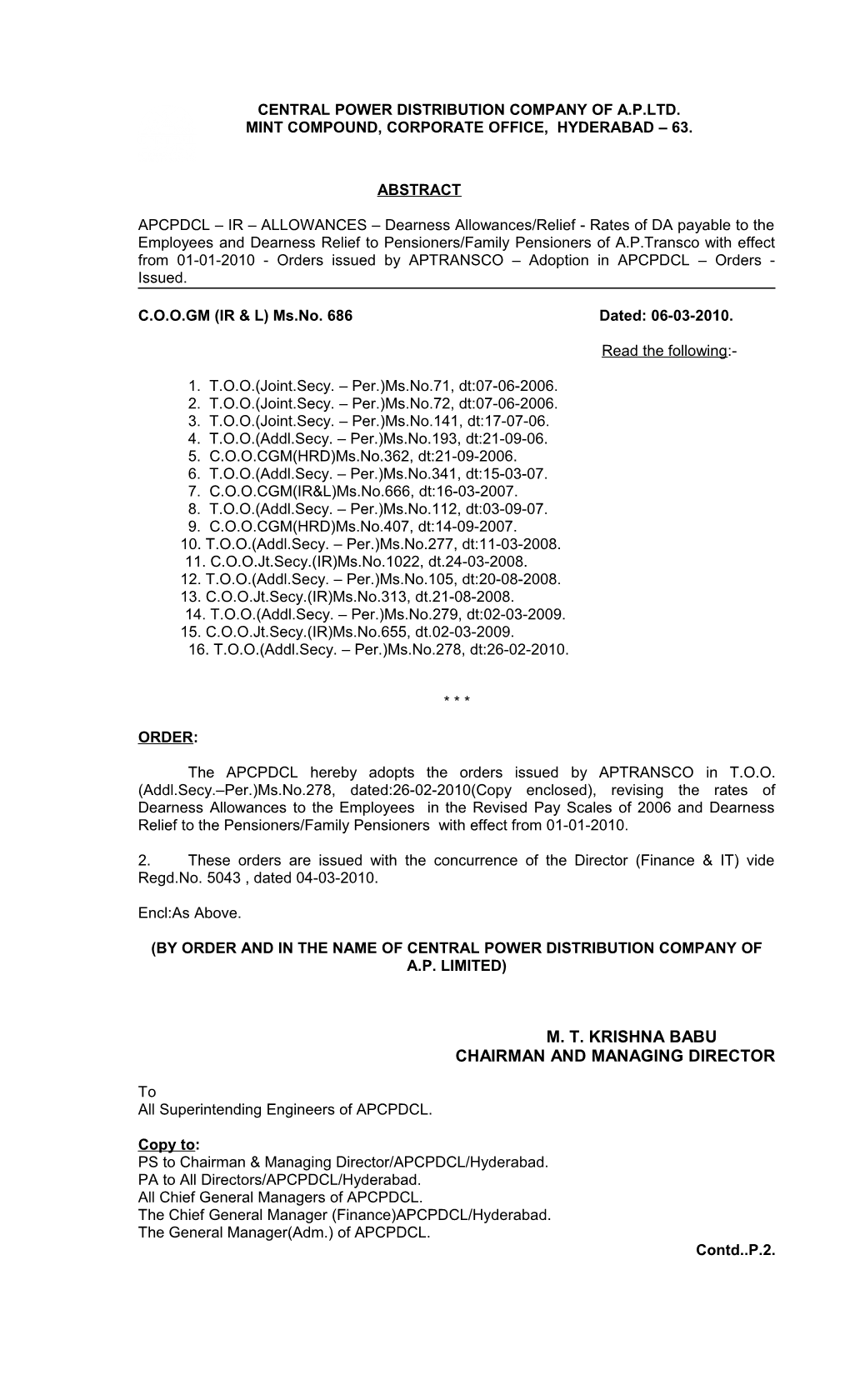 APCPDCL IR ALLOWANCES Dearness Allowances/Relief - Rates of DA Payable to the Employees