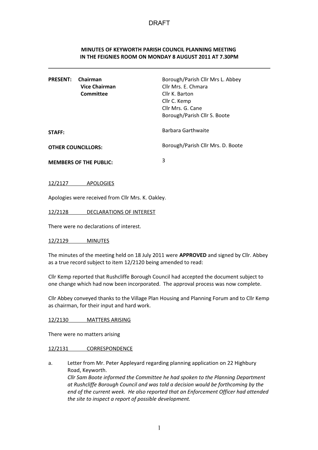 Minutes of Keyworth Parish Council Planning Meeting s1