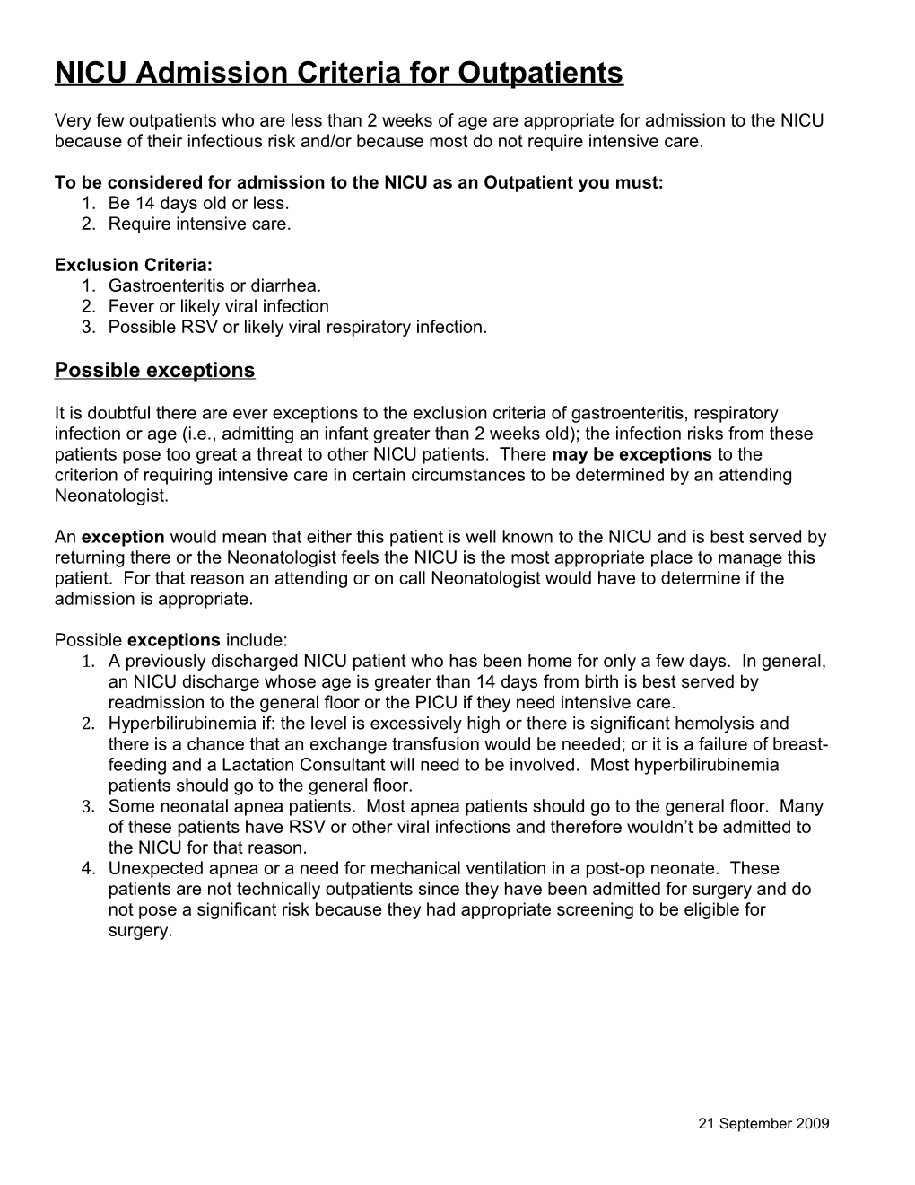 NICU Admission Criteria for Outpatients