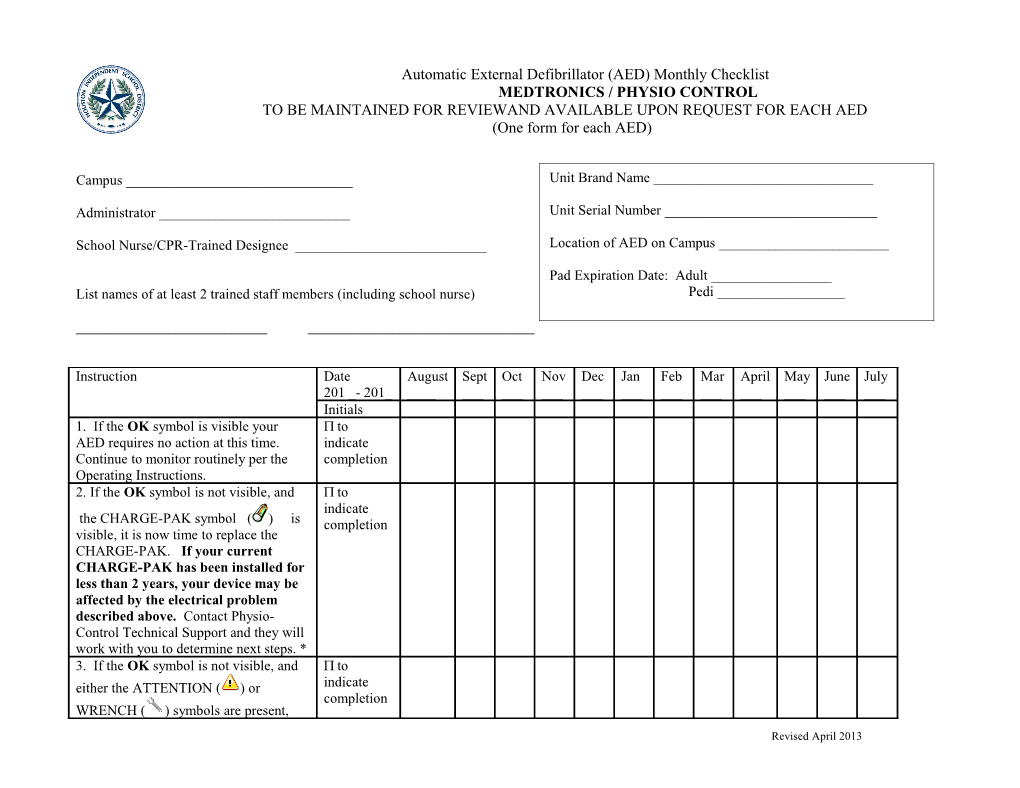 Automatic External Defibrillator (AED) Monthly Checklist