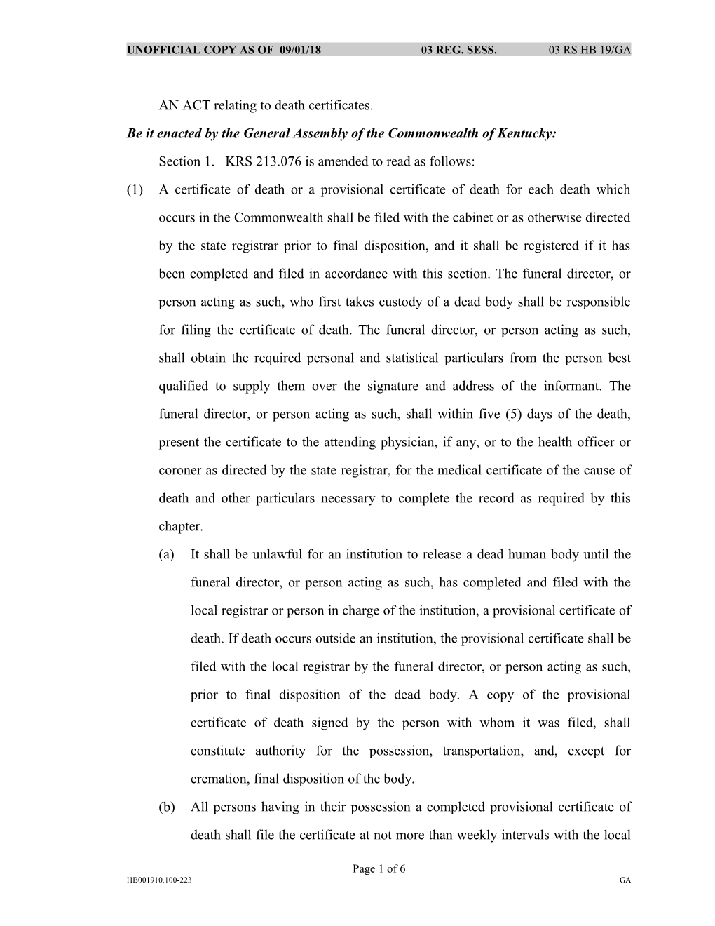 Unofficial Copy As of 09/27/1803 Reg. Sess. 03 Rs Hb 19/Ga