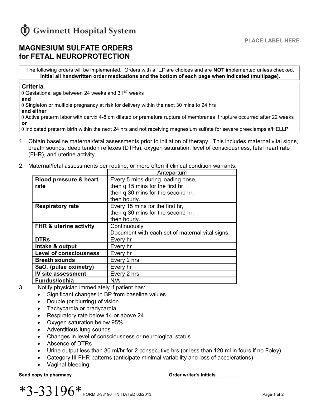 Magnesium Sulfate Orders for Fetal Neuroprotection