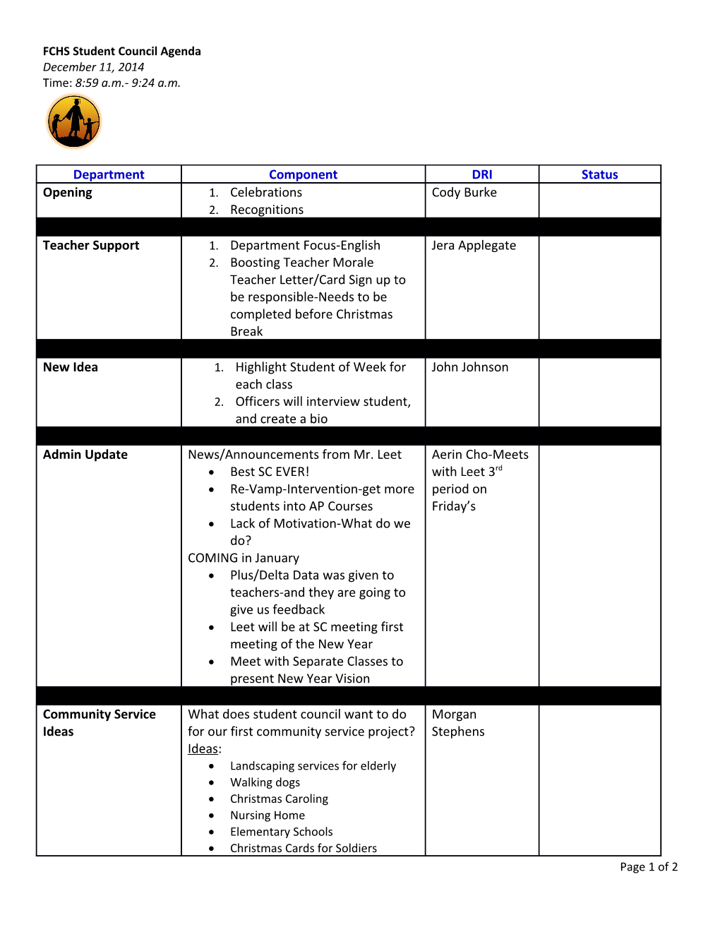 Distribution: FCHS Webpage