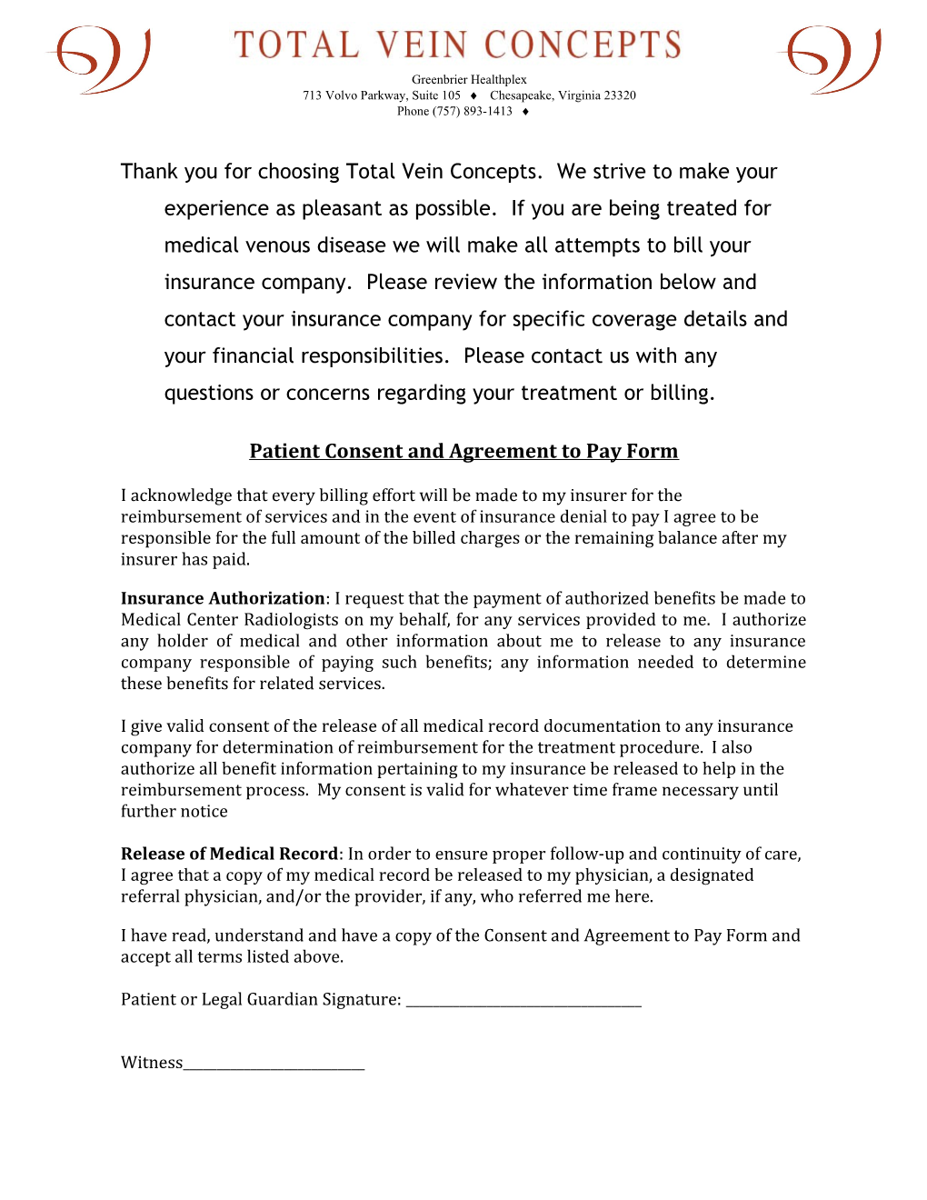 Patient Waiver/Consent and Agreement to Pay Form