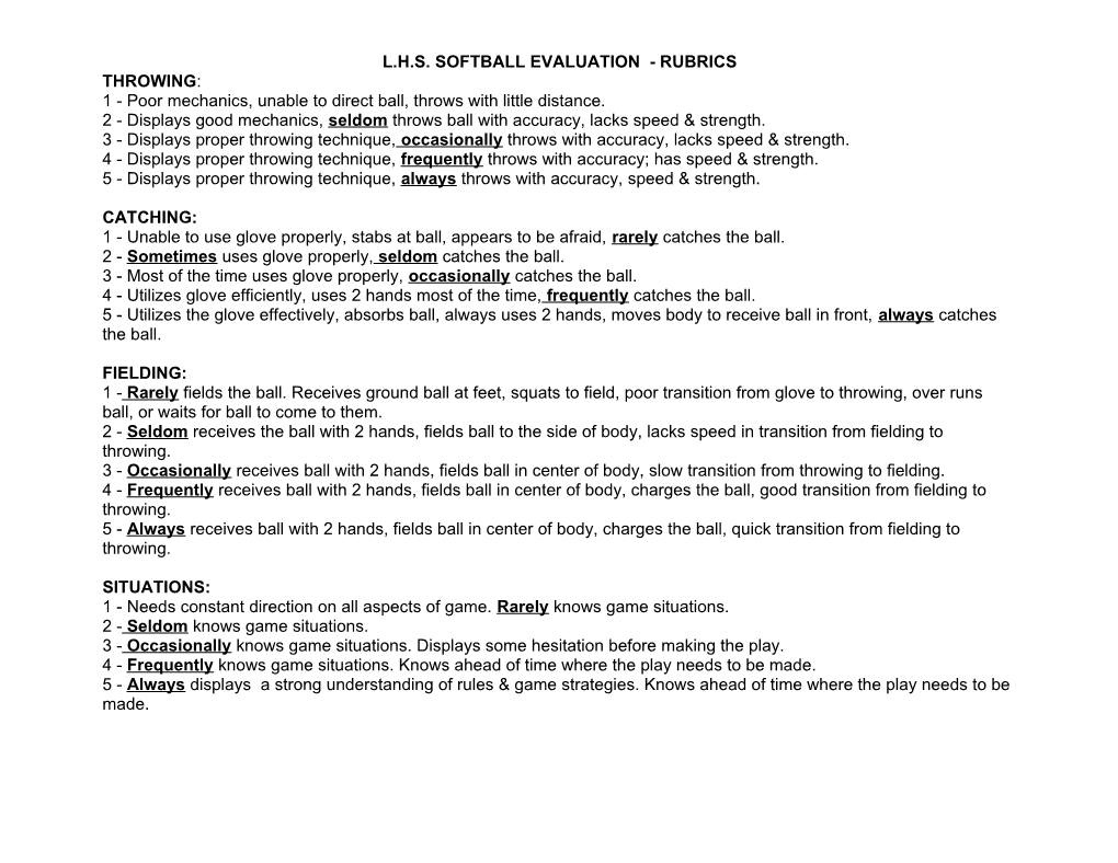 L.H.S. Softball Evaluation - Rubrics