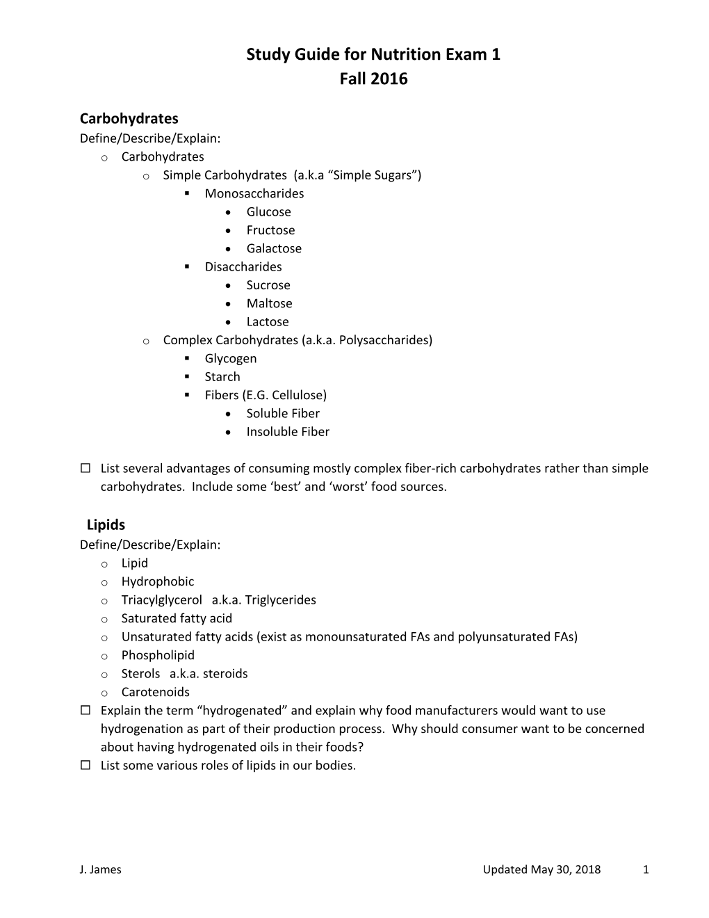 Study Guide for Nutrition Exam 1