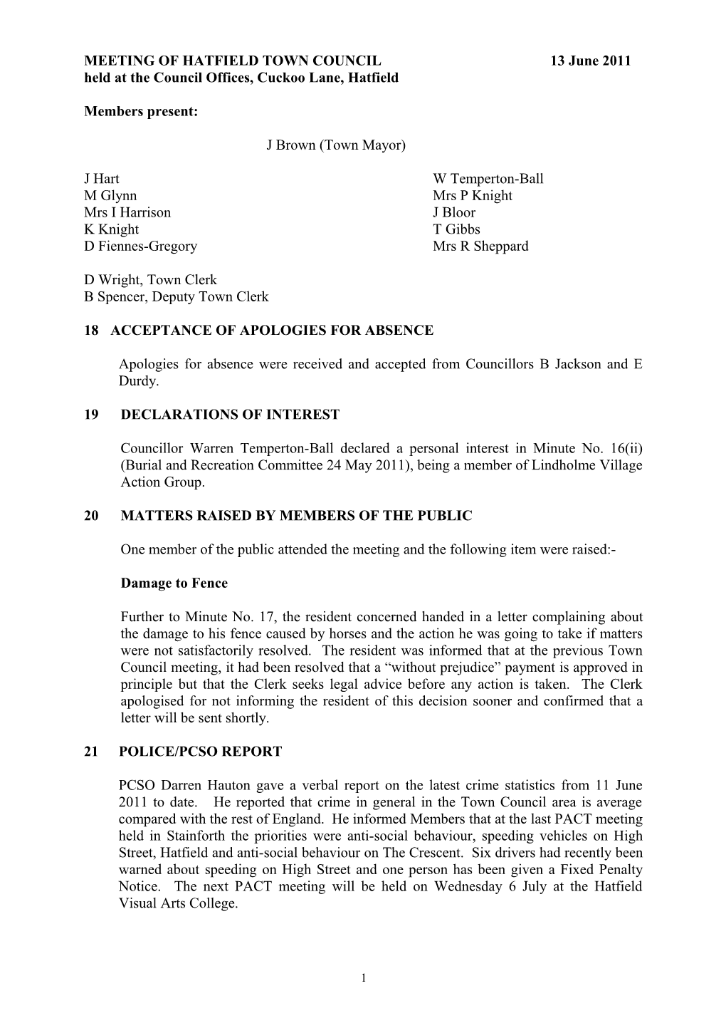 Meeting of Hatfield Town Council