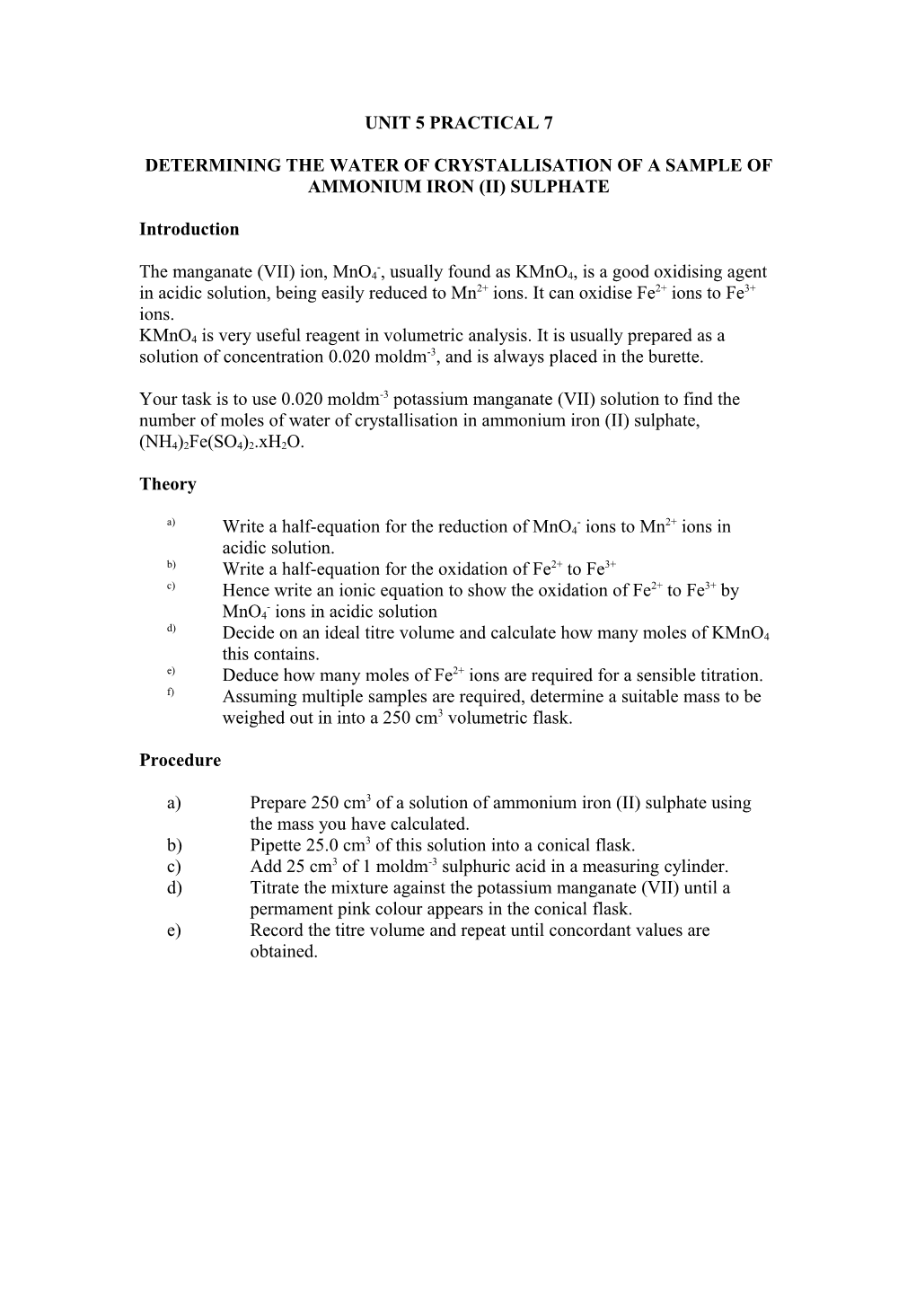 Titrations Involving Potassium Manganate (Vii)