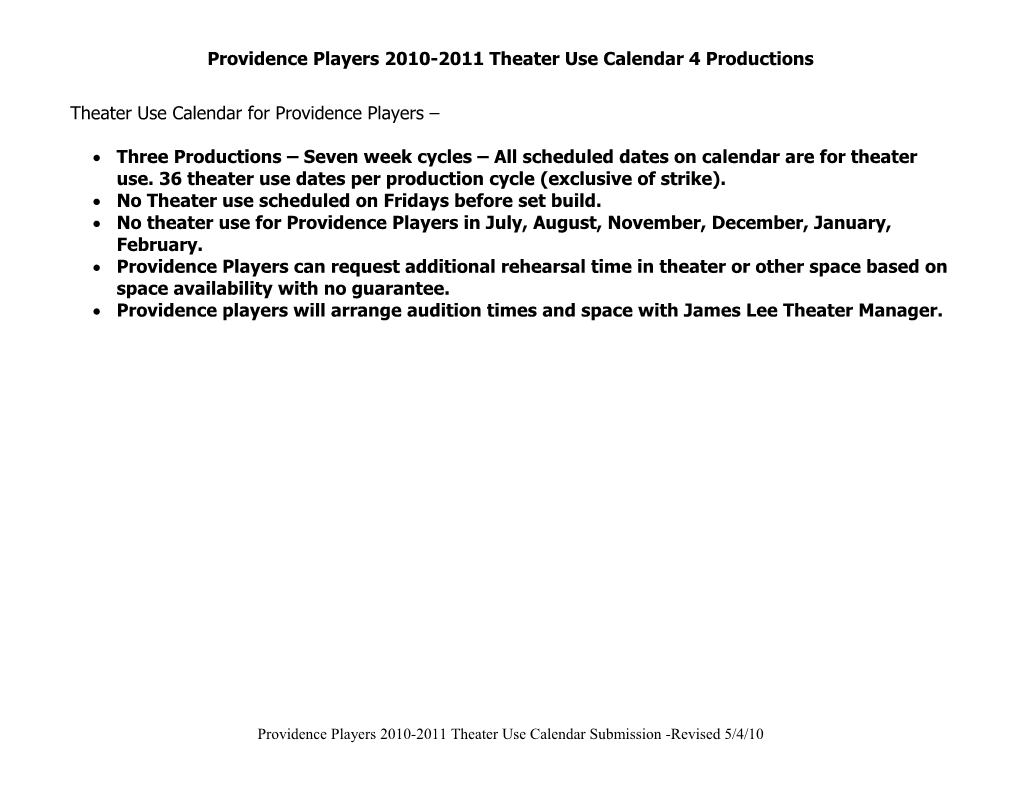 Providence Players 2010-2011 Theater Use Calendar 4 Productions