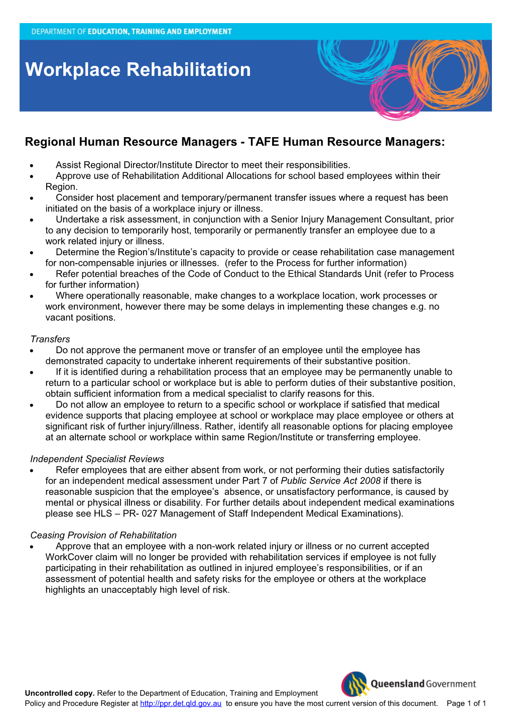 Responsibilities - Regional Human Resource Managers and TAFE Human Resource Managers