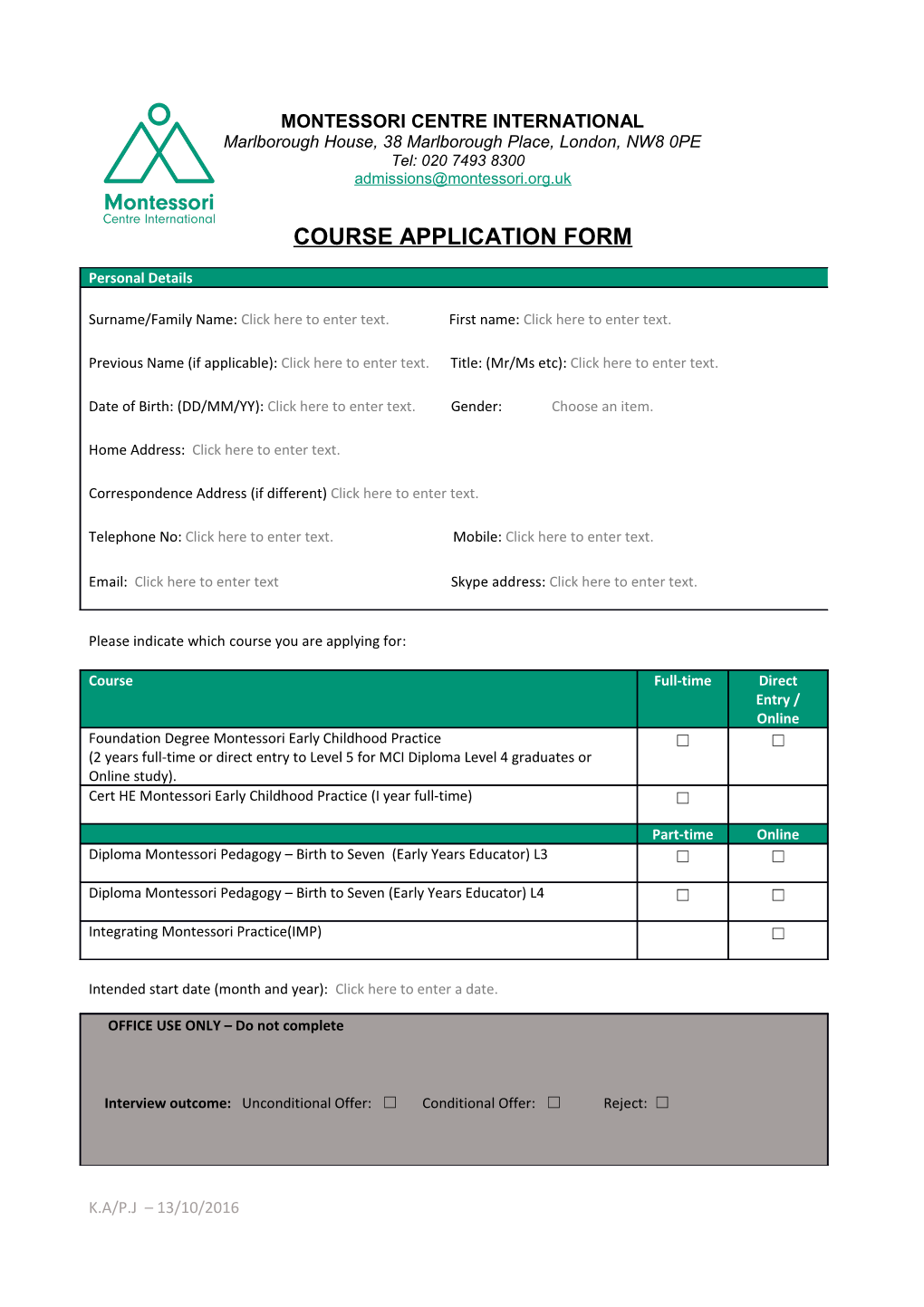 Please Indicate Which Course You Are Applying For