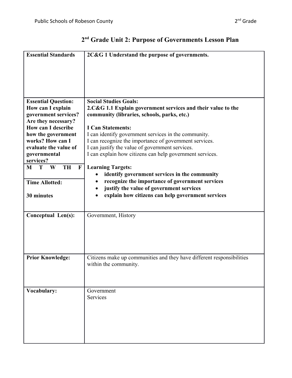 2Nd Grade Unit 2: Purpose of Governments Lesson Plan