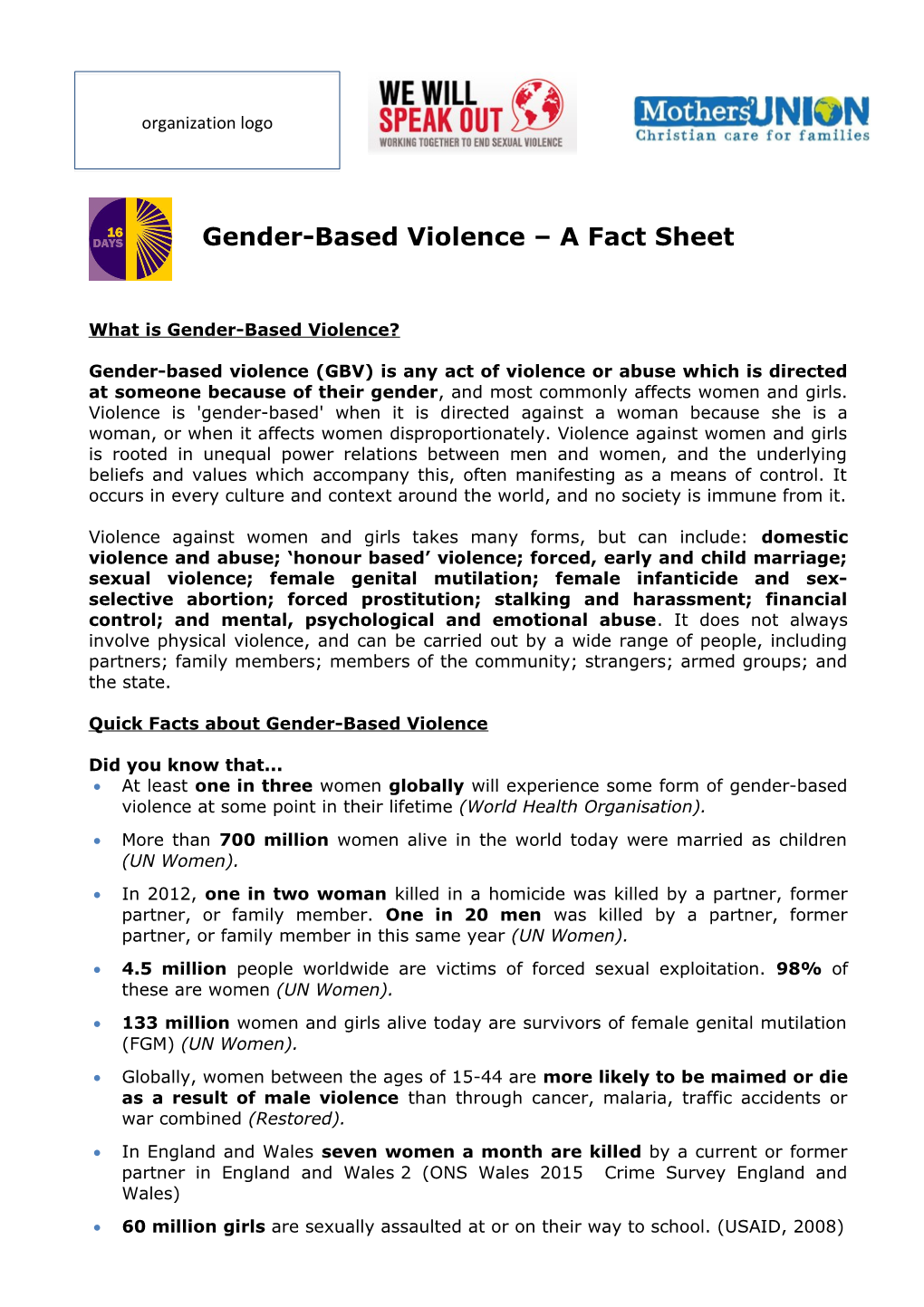 Gender-Based Violence a Fact Sheet