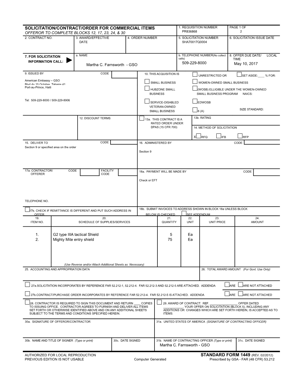 SF-1449; Cover Page for Commercial Items