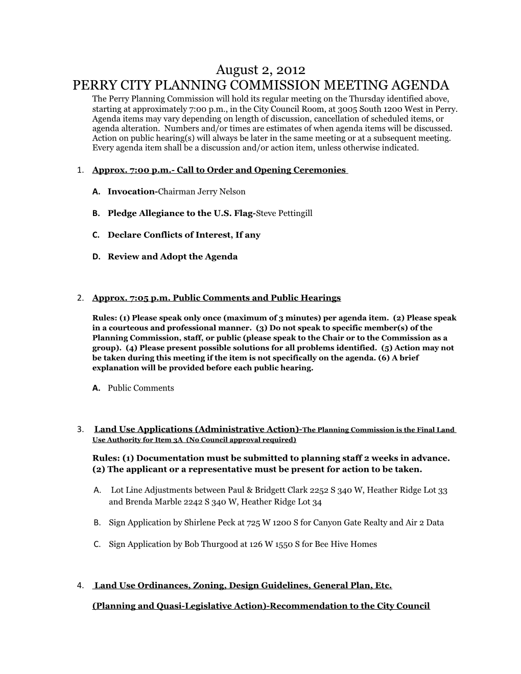 Perry City Planning Commission Meeting Agenda