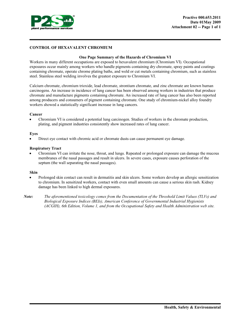 One Page Summary of the Hazards of Chromium VI