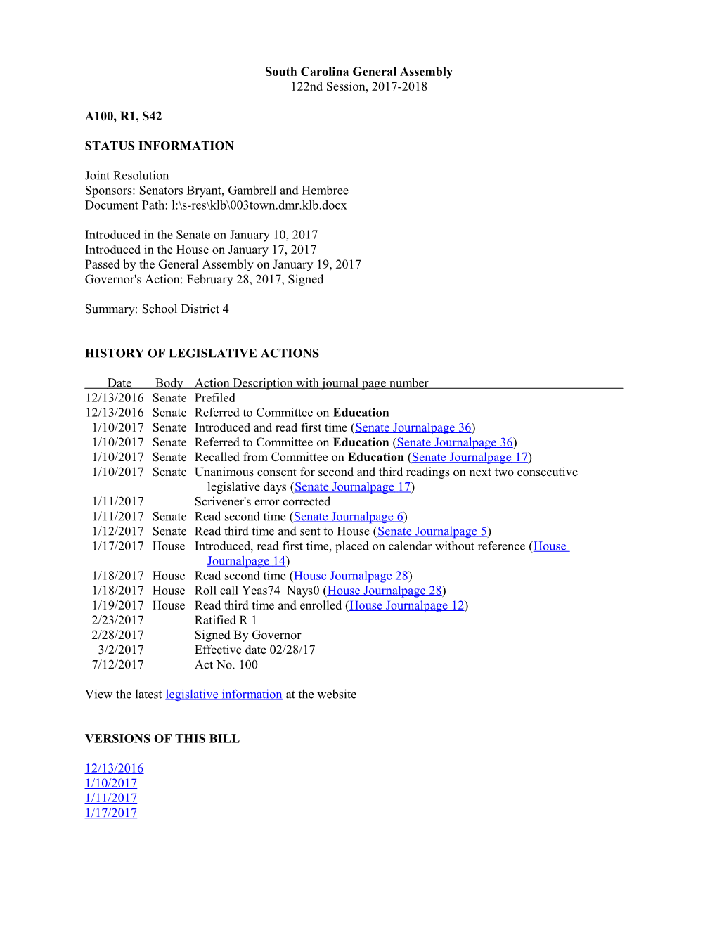 2017-2018 Bill 42: School District 4 - South Carolina Legislature Online