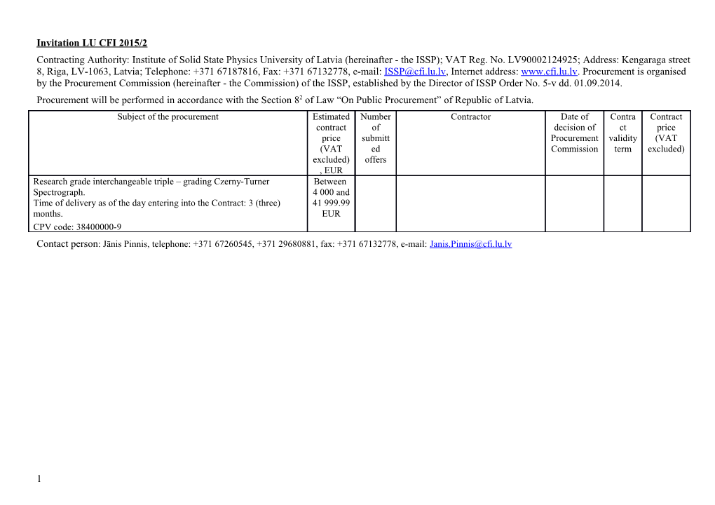 Uzaicinājums Iepirkumam LU CFI 2012/20/ERAF