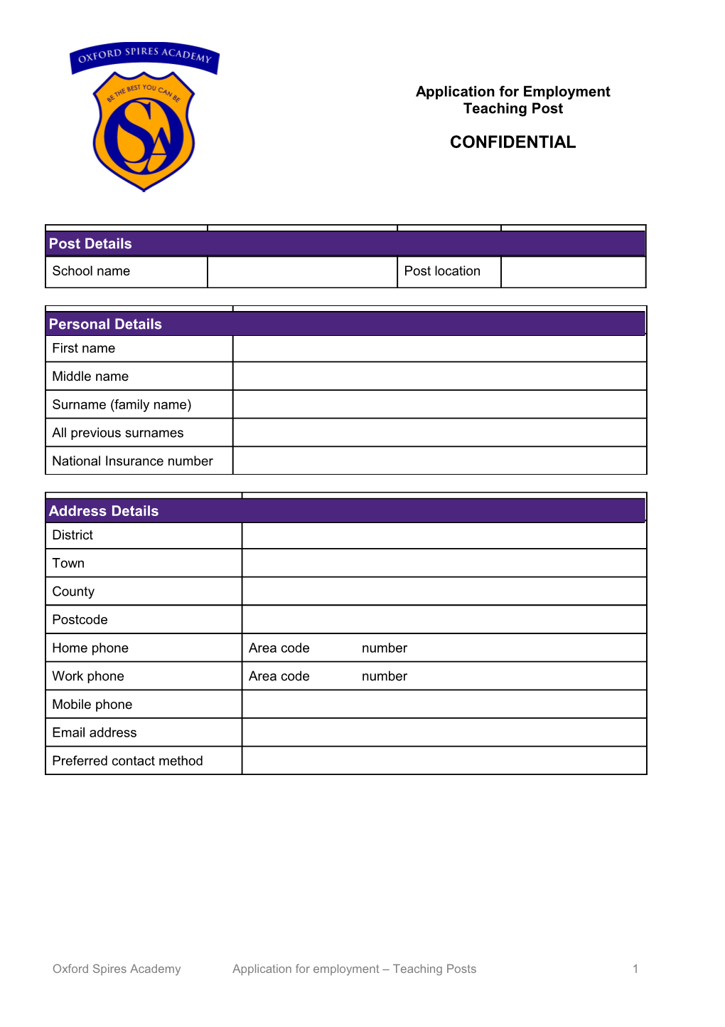 Teaching Posts - Application for Employment