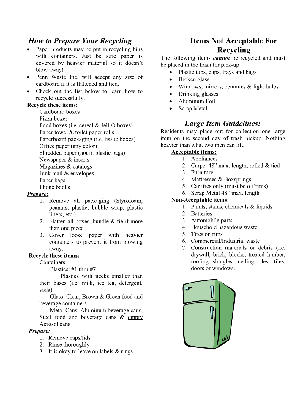 Changes to 2010 Township Residential Trash & Recycling Collection