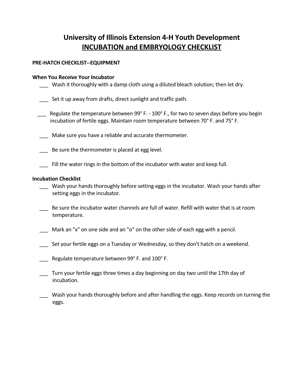 Incubation - Embryology Check List