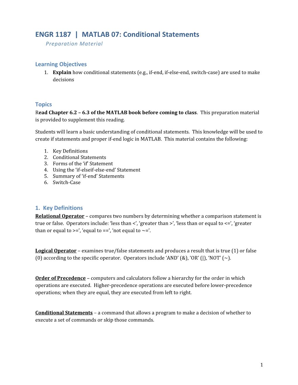 ENGR 1187 MATLAB 07: Conditional Statementspreparation Material