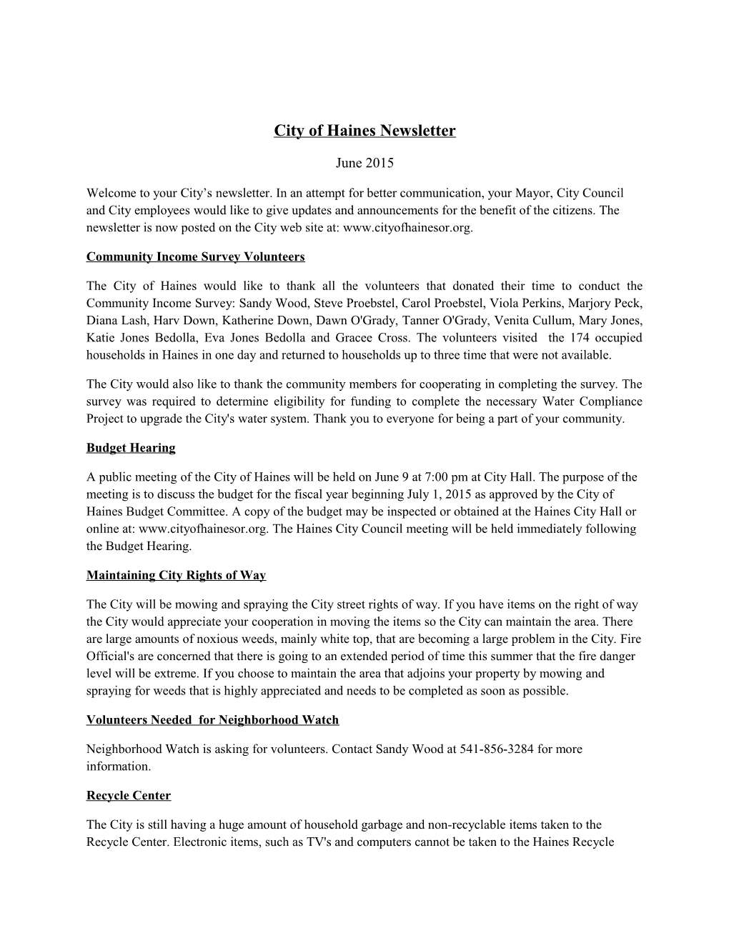 City of Haines Newsletter