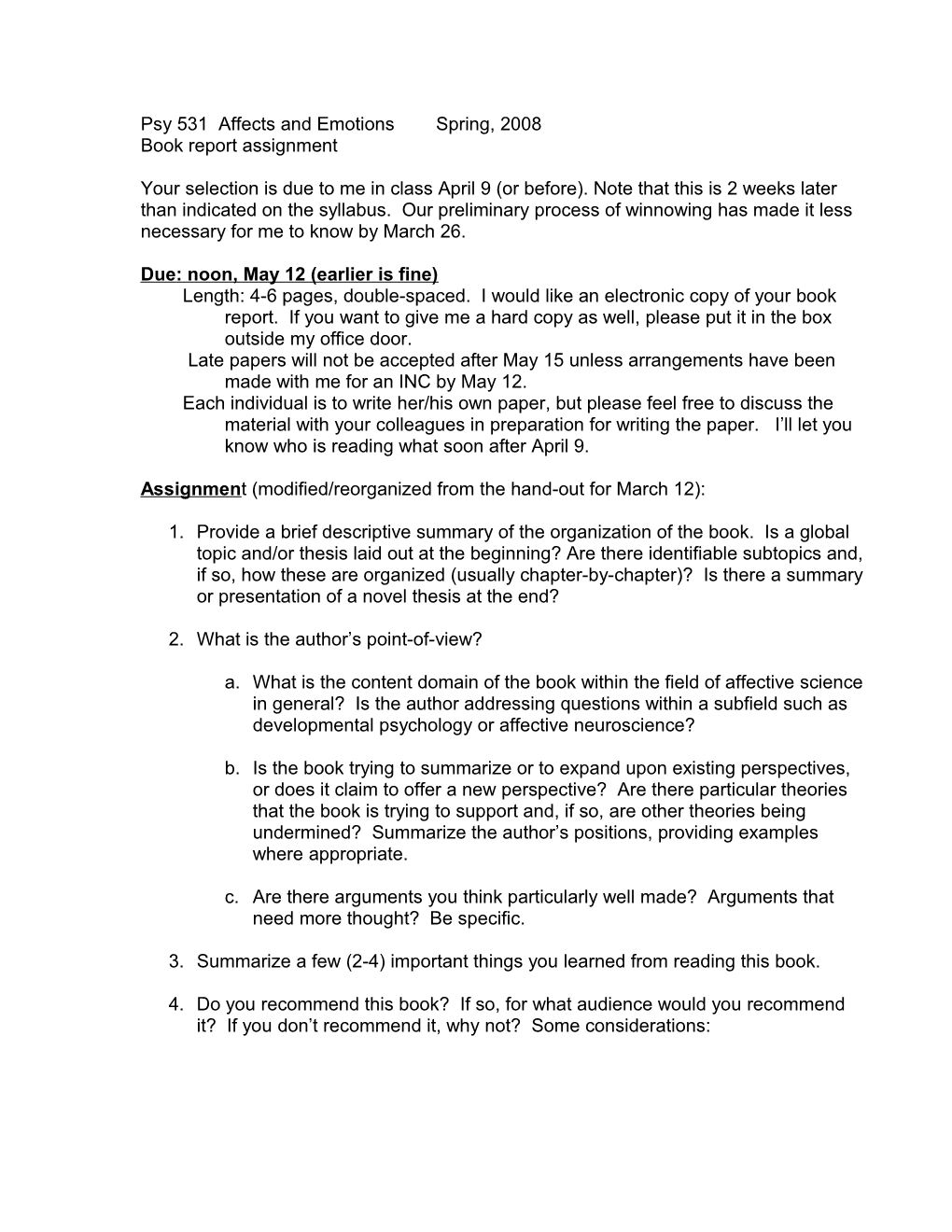 Psy 531 Affects and Emotions Spring, 2008