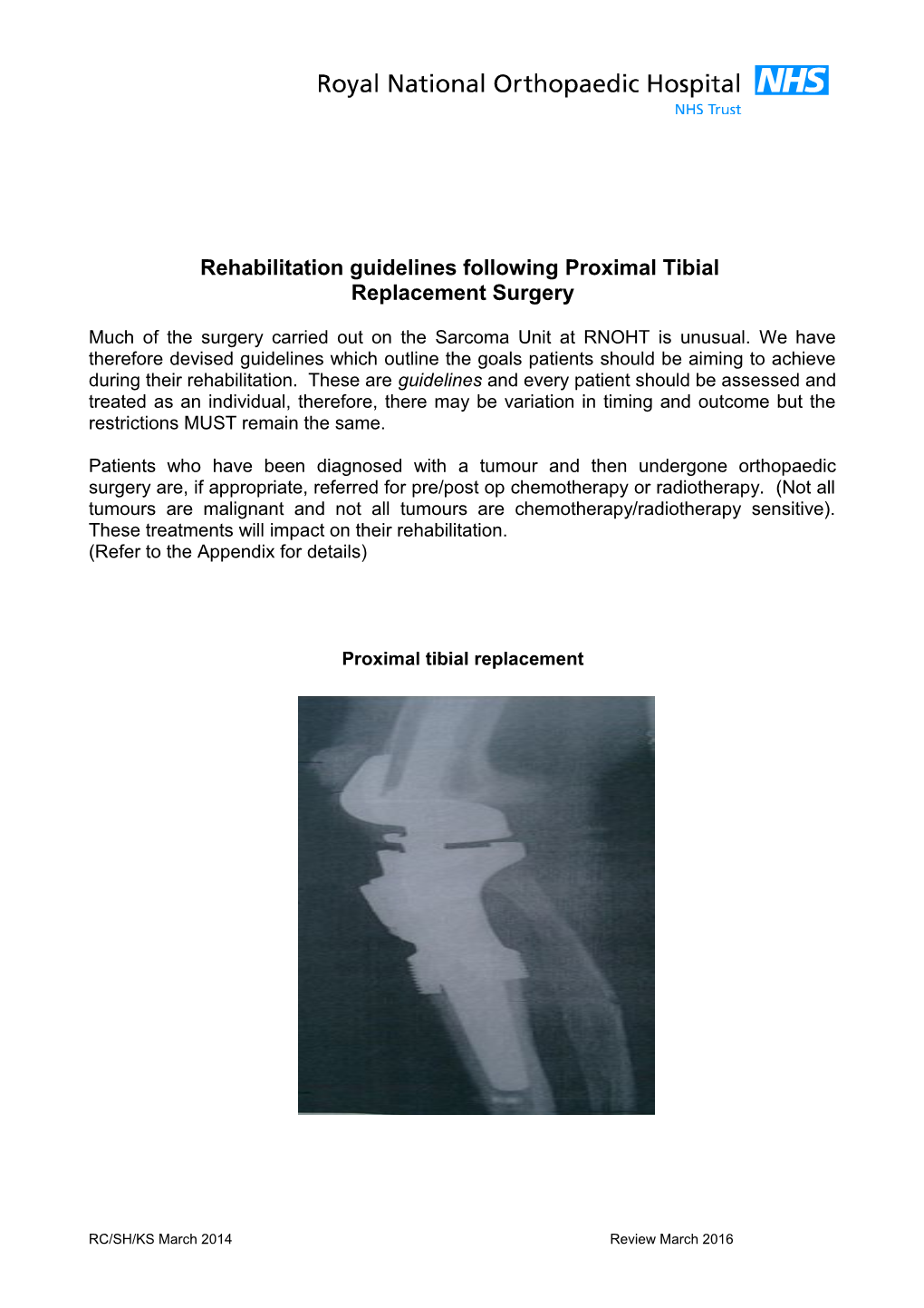 Rehabilitation Guidelines Following Proximal Tibial Replacement Surgery (Prof